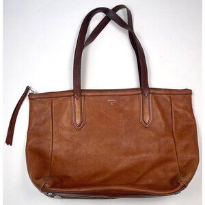 FOSSIL 17"x12"x4" Cognac LEATHER Sydney Shoulder Bag HANDBAG Purse Satchel Read